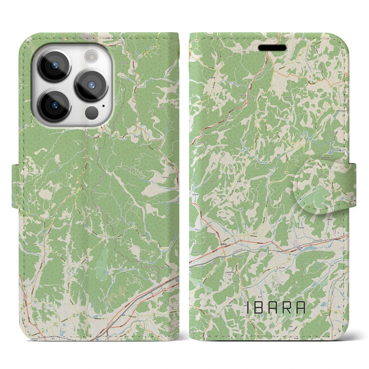 【井原（岡山県）】地図柄iPhoneケース（手帳タイプ）ナチュラル・iPhone 14 Pro 用