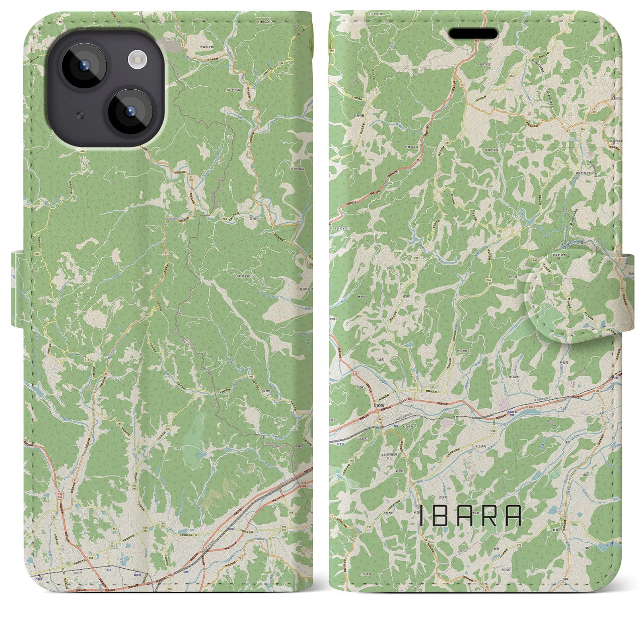 【井原（岡山県）】地図柄iPhoneケース（手帳タイプ）ナチュラル・iPhone 14 Plus 用