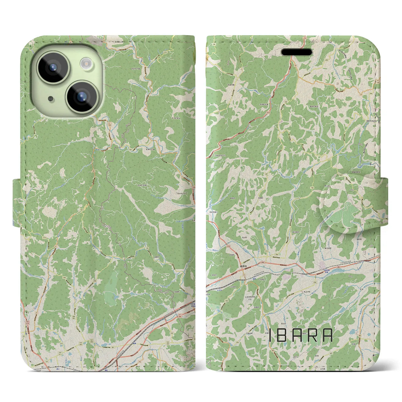 【井原（岡山県）】地図柄iPhoneケース（手帳タイプ）ナチュラル・iPhone 15 用