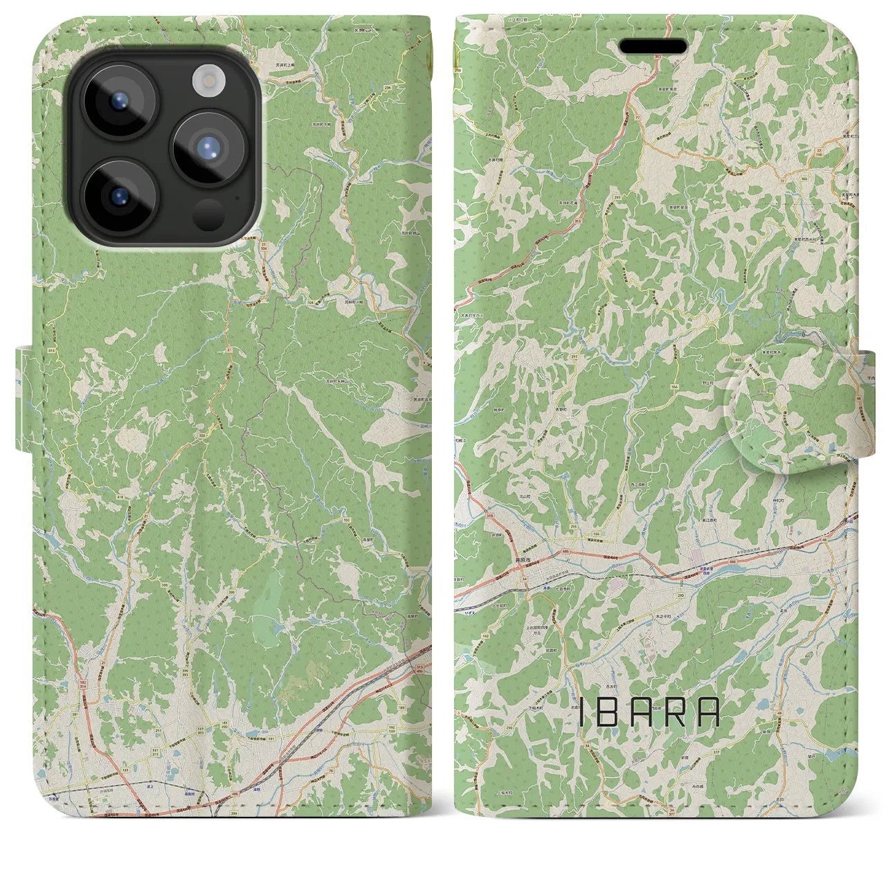 【井原（岡山県）】地図柄iPhoneケース（手帳タイプ）ナチュラル・iPhone 15 Pro Max 用