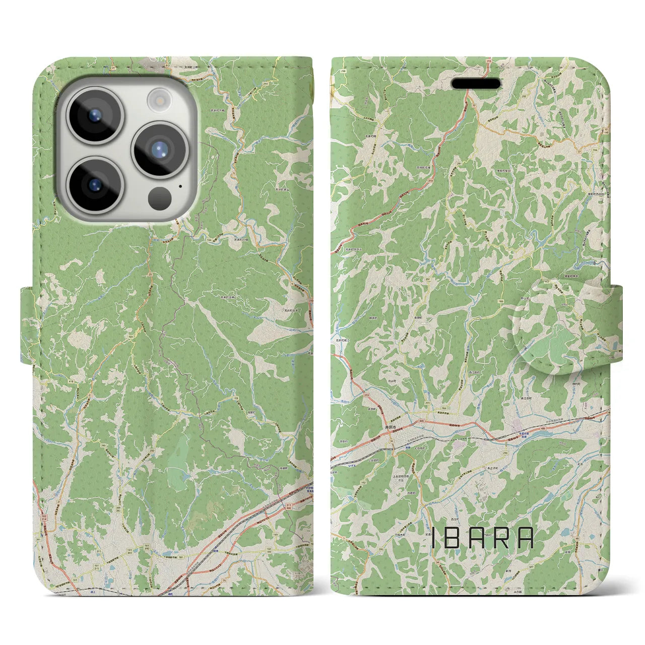 【井原（岡山県）】地図柄iPhoneケース（手帳タイプ）ナチュラル・iPhone 15 Pro 用