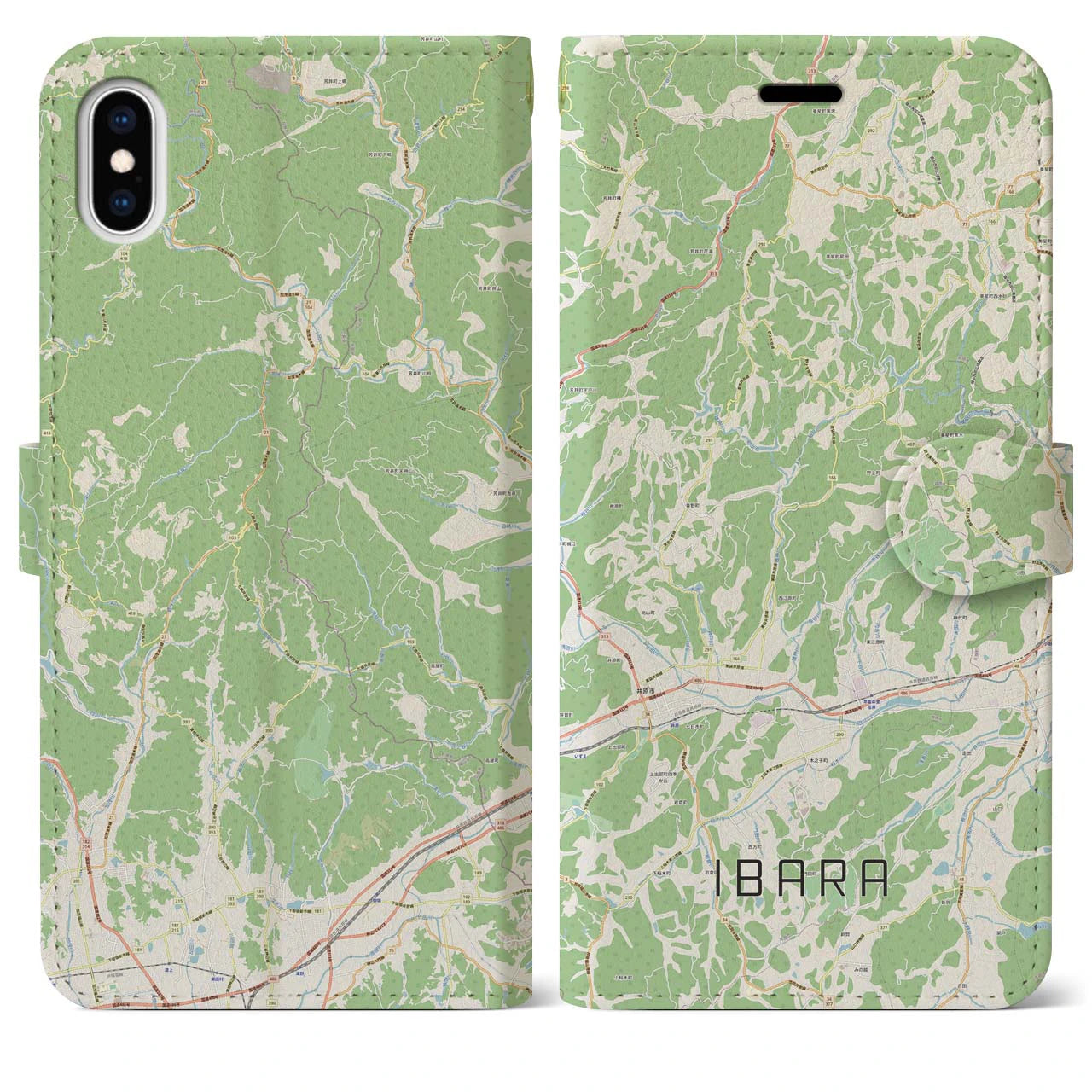 【井原（岡山県）】地図柄iPhoneケース（手帳タイプ）ナチュラル・iPhone XS Max 用