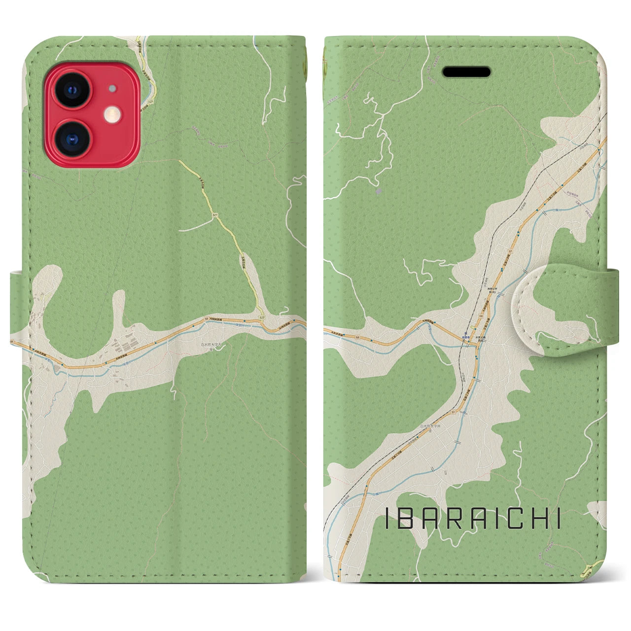 【井原市（広島県）】地図柄iPhoneケース（手帳タイプ）ナチュラル・iPhone 11 用