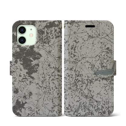 【茨城（茨城県）】地図柄iPhoneケース（手帳タイプ）モノトーン・iPhone 12 mini 用