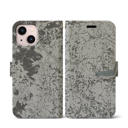 【茨城（茨城県）】地図柄iPhoneケース（手帳タイプ）モノトーン・iPhone 13 mini 用