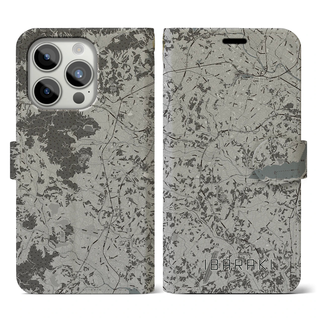 【茨城（茨城県）】地図柄iPhoneケース（手帳タイプ）モノトーン・iPhone 15 Pro 用