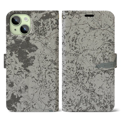 【茨城（茨城県）】地図柄iPhoneケース（手帳タイプ）モノトーン・iPhone 15 用