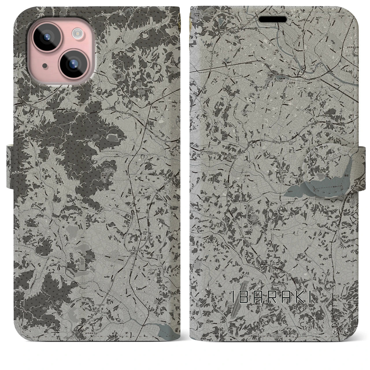 【茨城（茨城県）】地図柄iPhoneケース（手帳タイプ）モノトーン・iPhone 15 Plus 用