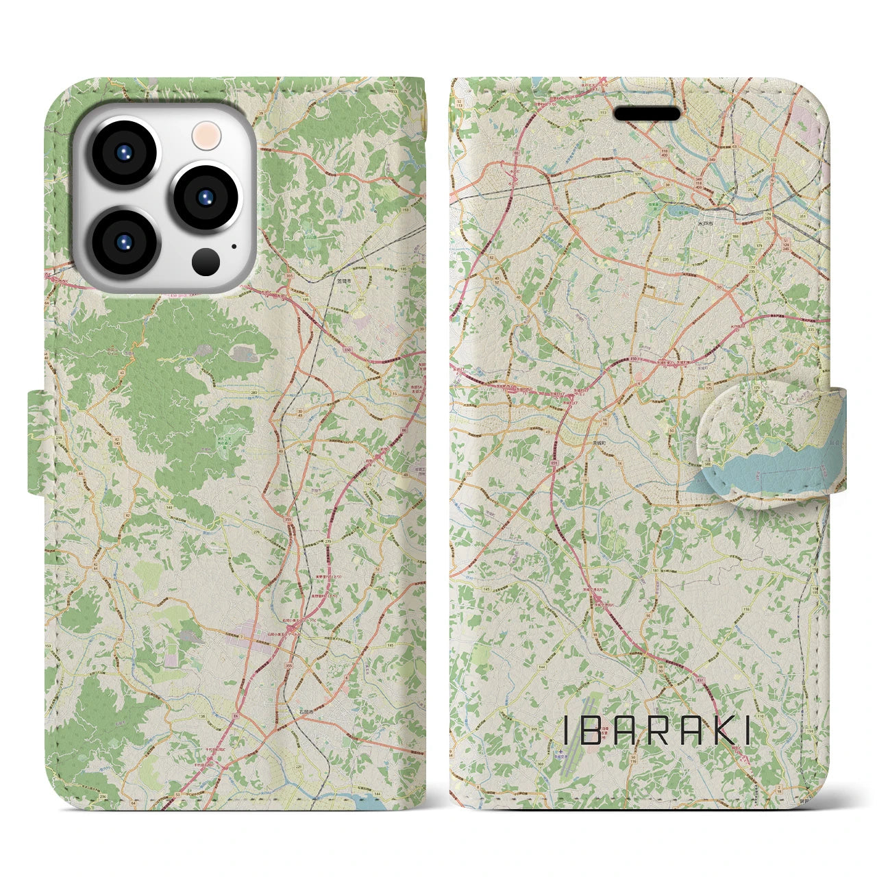 【茨城（茨城県）】地図柄iPhoneケース（手帳タイプ）ナチュラル・iPhone 13 Pro 用