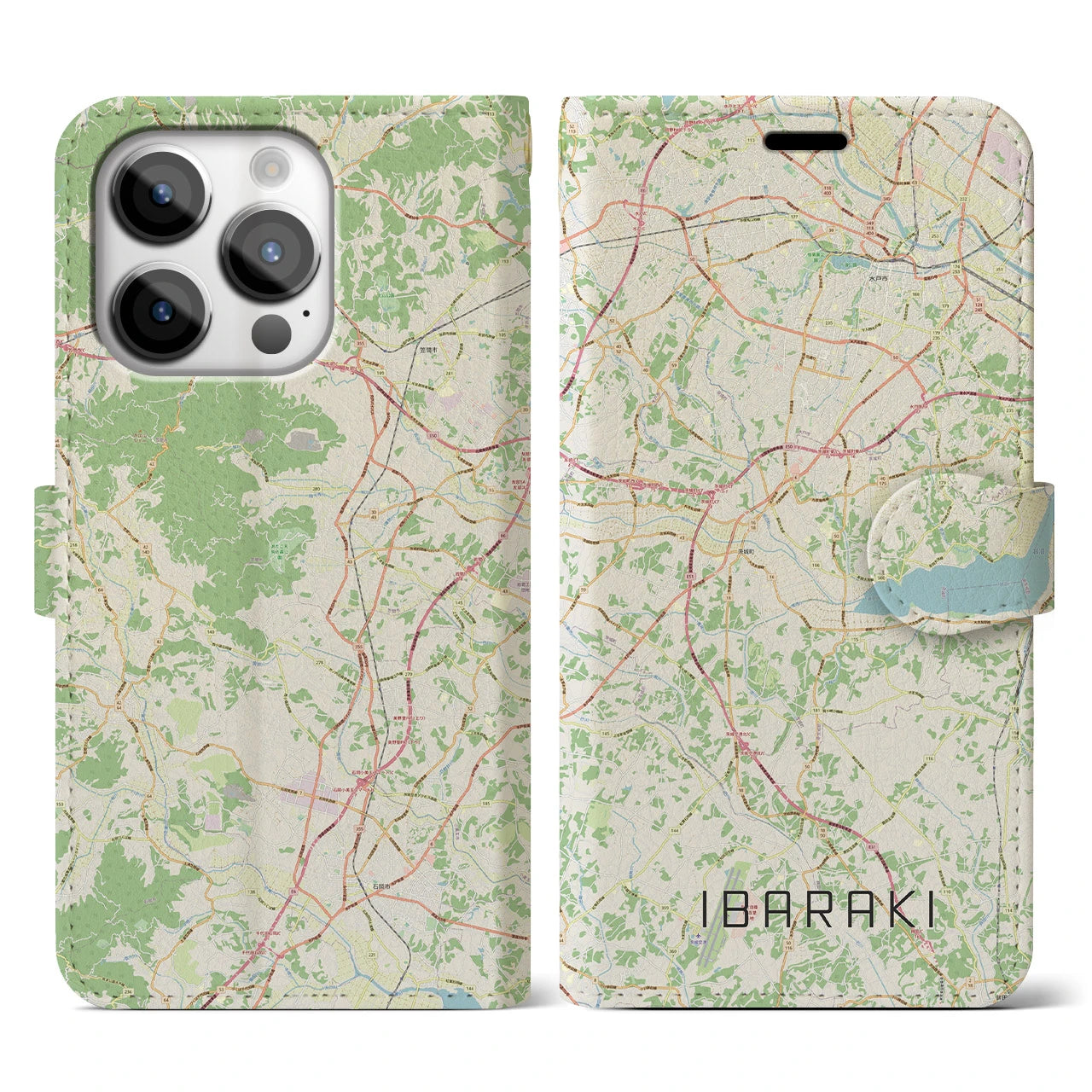 【茨城（茨城県）】地図柄iPhoneケース（手帳タイプ）ナチュラル・iPhone 14 Pro 用