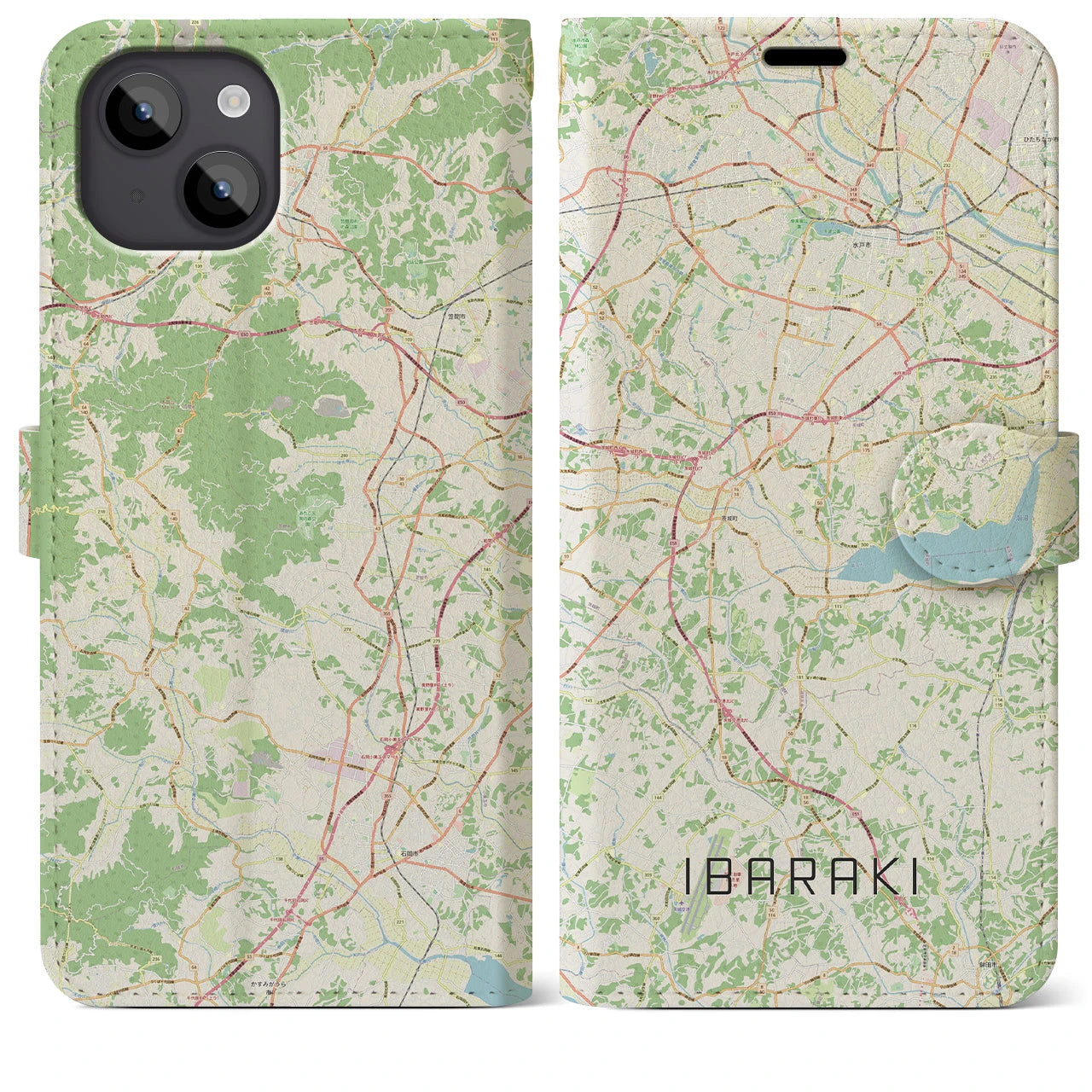 【茨城（茨城県）】地図柄iPhoneケース（手帳タイプ）ナチュラル・iPhone 14 Plus 用
