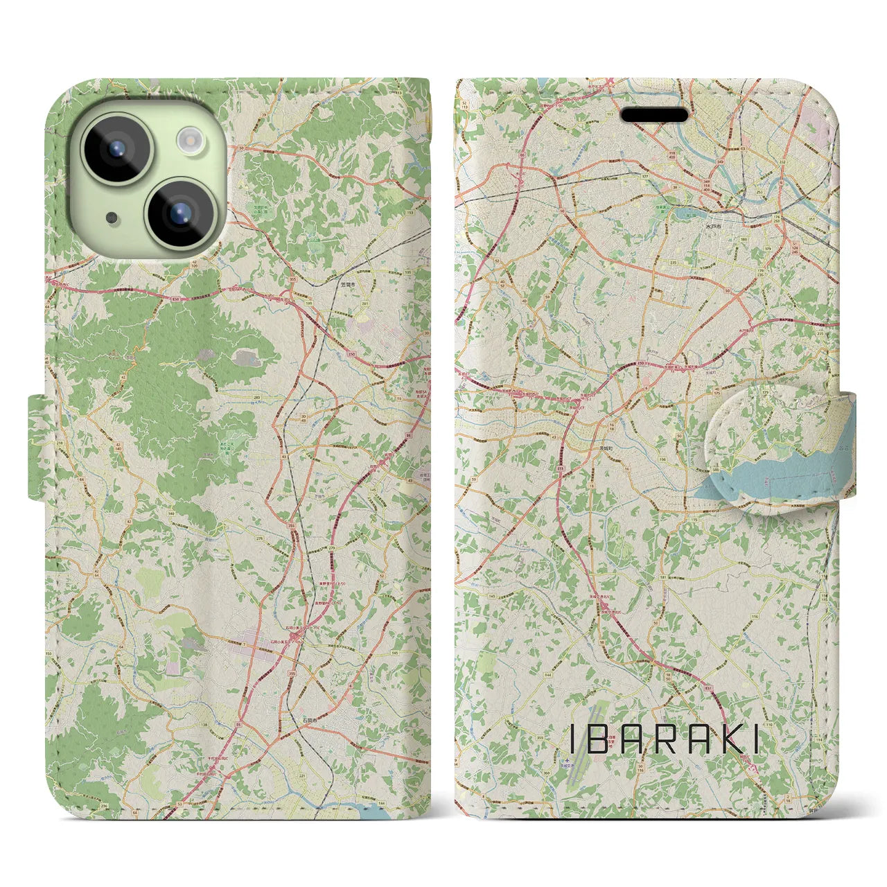 【茨城（茨城県）】地図柄iPhoneケース（手帳タイプ）ナチュラル・iPhone 15 用