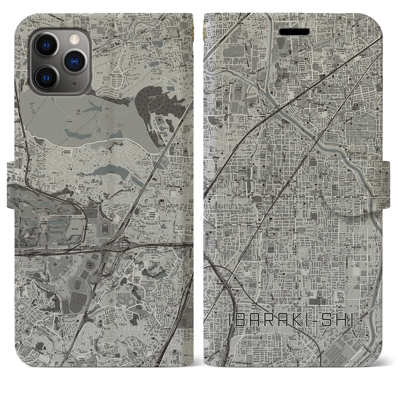 【茨木市】地図柄iPhoneケース（手帳両面タイプ・モノトーン）iPhone 11 Pro Max 用