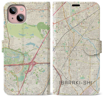 【茨木市（大阪府）】地図柄iPhoneケース（手帳タイプ）ナチュラル・iPhone 15 Plus 用