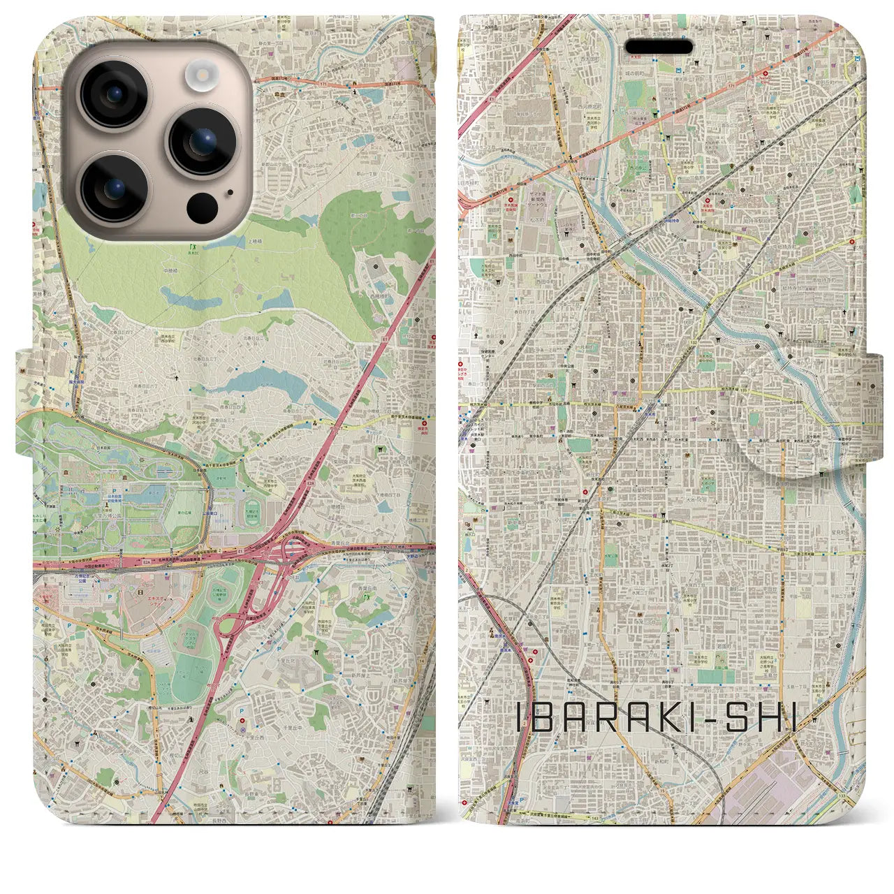 【茨木市（大阪府）】地図柄iPhoneケース（手帳タイプ）ナチュラル・iPhone 16 Plus 用