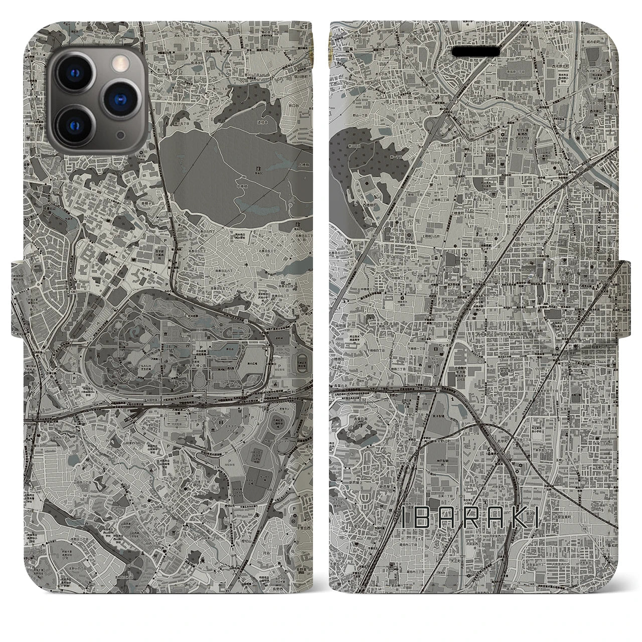 【茨木】地図柄iPhoneケース（手帳両面タイプ・モノトーン）iPhone 11 Pro Max 用