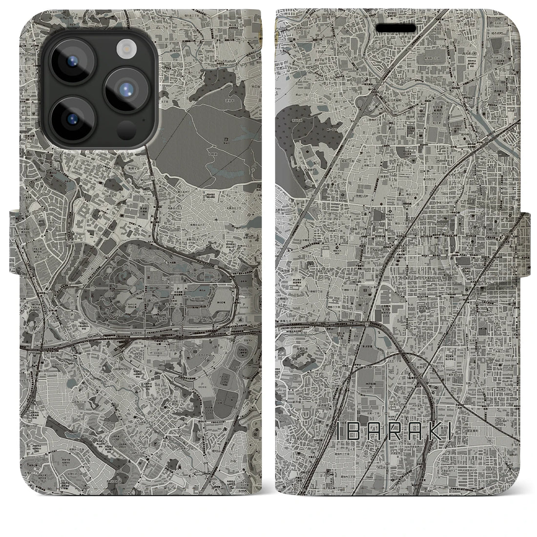【茨木】地図柄iPhoneケース（手帳両面タイプ・モノトーン）iPhone 15 Pro Max 用