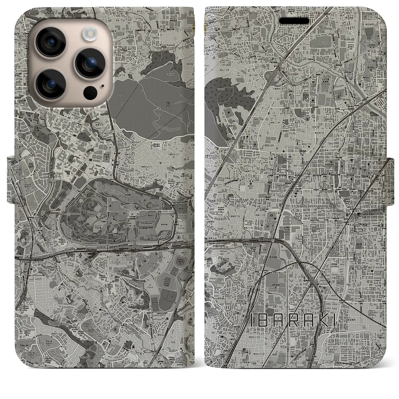 【茨木（大阪府）】地図柄iPhoneケース（手帳タイプ）モノトーン・iPhone 16 Plus 用