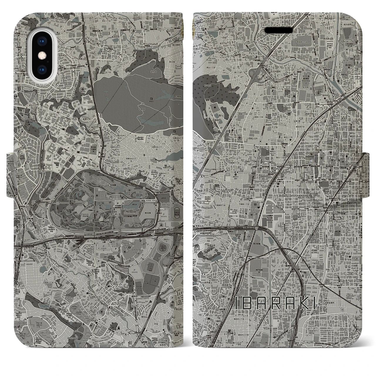 【茨木（大阪府）】地図柄iPhoneケース（手帳タイプ）モノトーン・iPhone XS Max 用