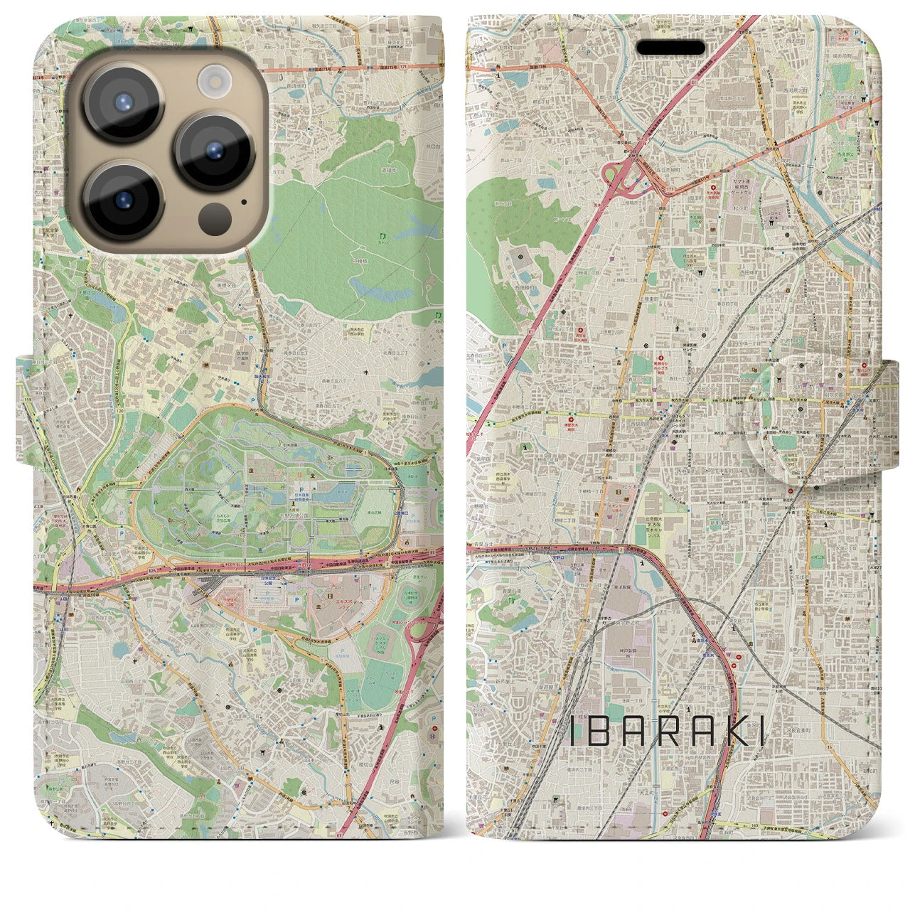 【茨木（大阪府）】地図柄iPhoneケース（手帳タイプ）ナチュラル・iPhone 14 Pro Max 用