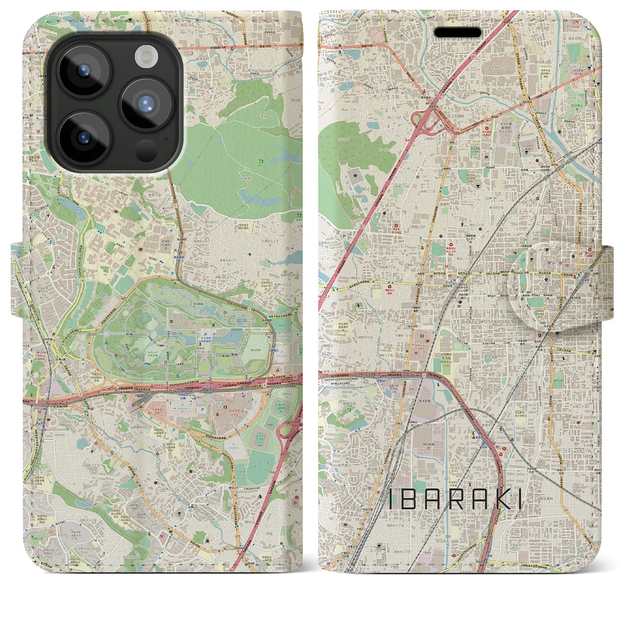 【茨木（大阪府）】地図柄iPhoneケース（手帳タイプ）ナチュラル・iPhone 15 Pro Max 用