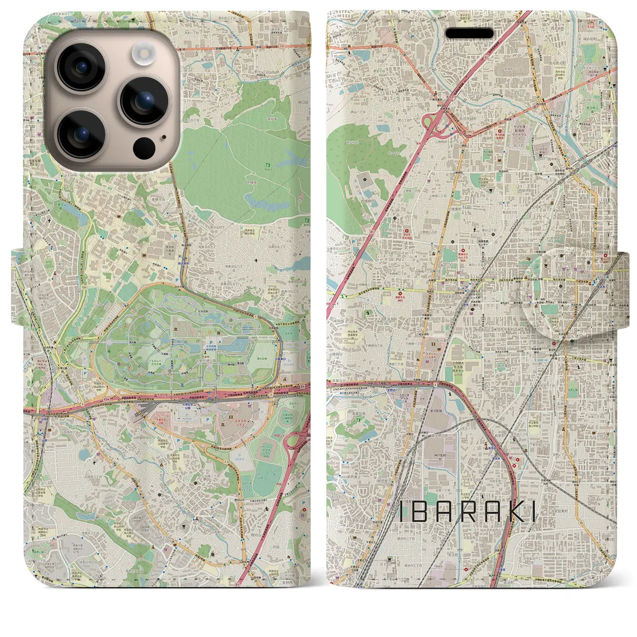 【茨木（大阪府）】地図柄iPhoneケース（手帳タイプ）ナチュラル・iPhone 16 Plus 用