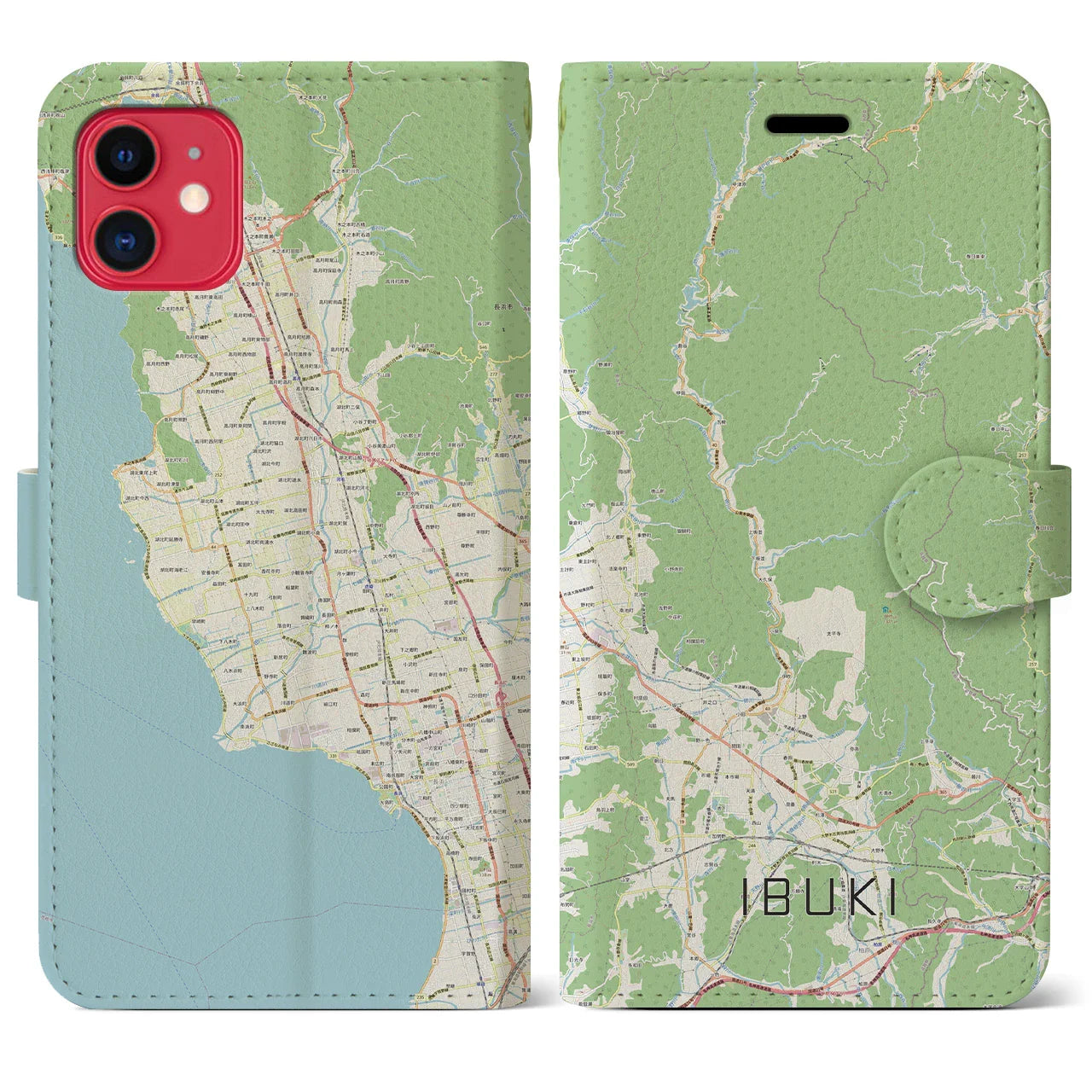 【伊吹（滋賀県）】地図柄iPhoneケース（手帳タイプ）ナチュラル・iPhone 11 用