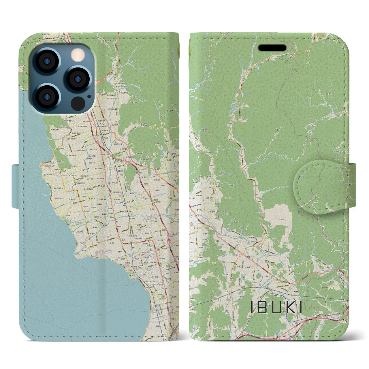 【伊吹（滋賀県）】地図柄iPhoneケース（手帳タイプ）ナチュラル・iPhone 12 / 12 Pro 用