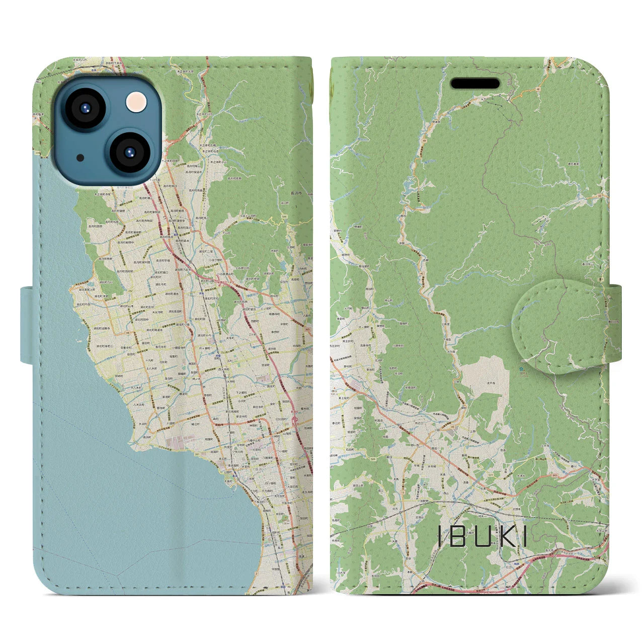 【伊吹（滋賀県）】地図柄iPhoneケース（手帳タイプ）ナチュラル・iPhone 13 用