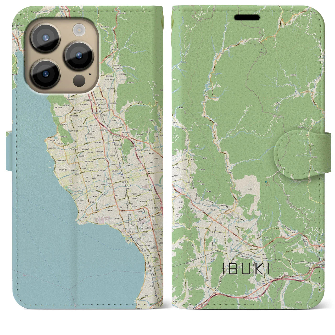 【伊吹（滋賀県）】地図柄iPhoneケース（手帳タイプ）ナチュラル・iPhone 14 Pro Max 用