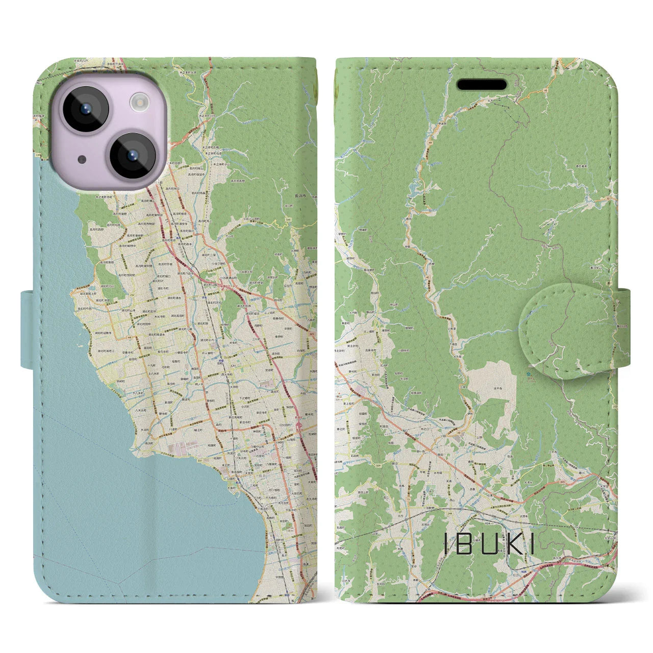 【伊吹（滋賀県）】地図柄iPhoneケース（手帳タイプ）ナチュラル・iPhone 14 用