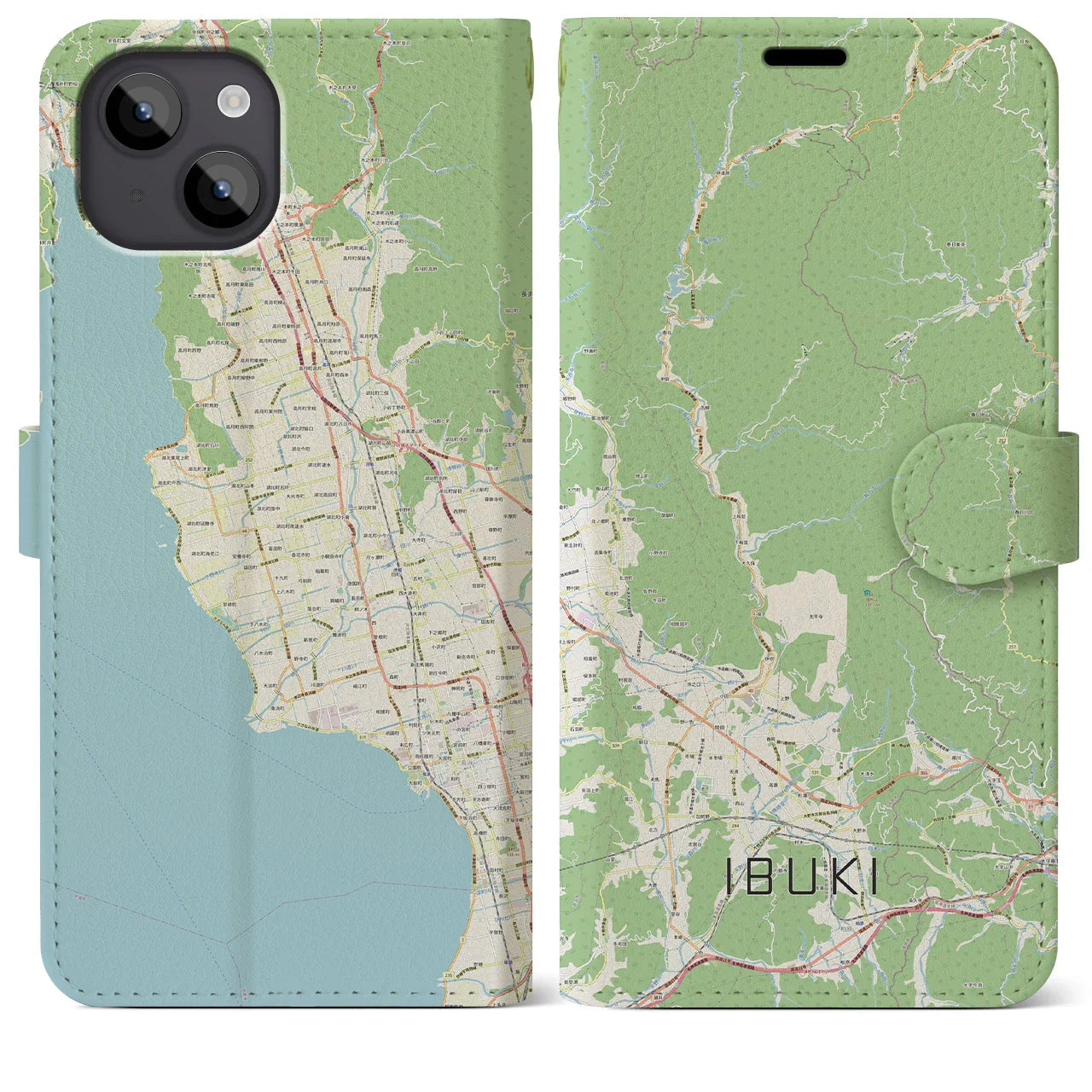 【伊吹（滋賀県）】地図柄iPhoneケース（手帳タイプ）ナチュラル・iPhone 14 Plus 用