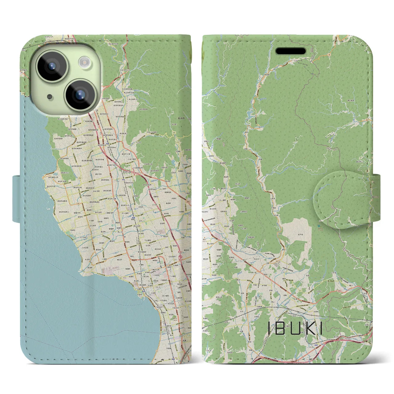 【伊吹（滋賀県）】地図柄iPhoneケース（手帳タイプ）ナチュラル・iPhone 15 用