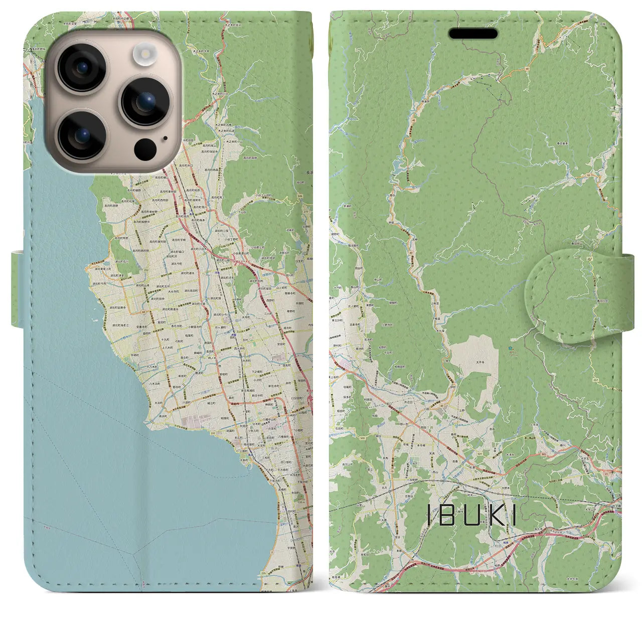 【伊吹（滋賀県）】地図柄iPhoneケース（手帳タイプ）ナチュラル・iPhone 16 Plus 用