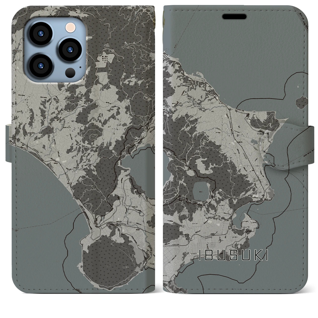 【指宿】地図柄iPhoneケース（手帳両面タイプ・モノトーン）iPhone 13 Pro Max 用