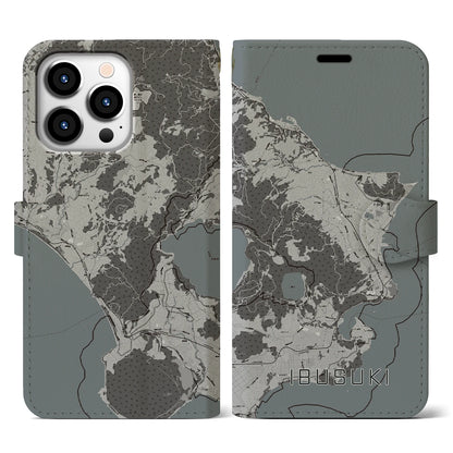 【指宿（鹿児島県）】地図柄iPhoneケース（手帳タイプ）モノトーン・iPhone 13 Pro 用