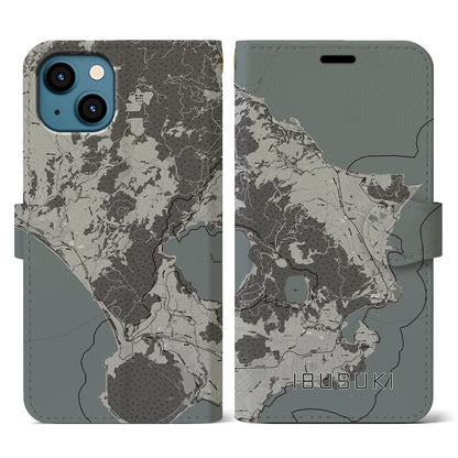 【指宿（鹿児島県）】地図柄iPhoneケース（手帳タイプ）モノトーン・iPhone 13 用