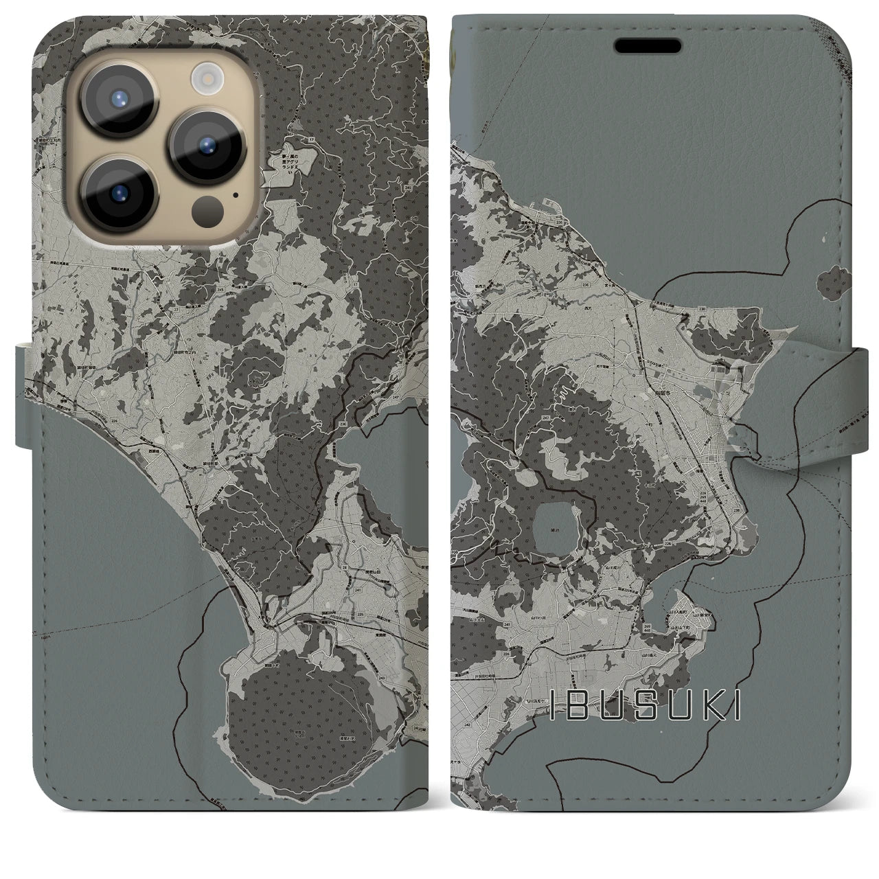 【指宿】地図柄iPhoneケース（手帳両面タイプ・モノトーン）iPhone 14 Pro Max 用