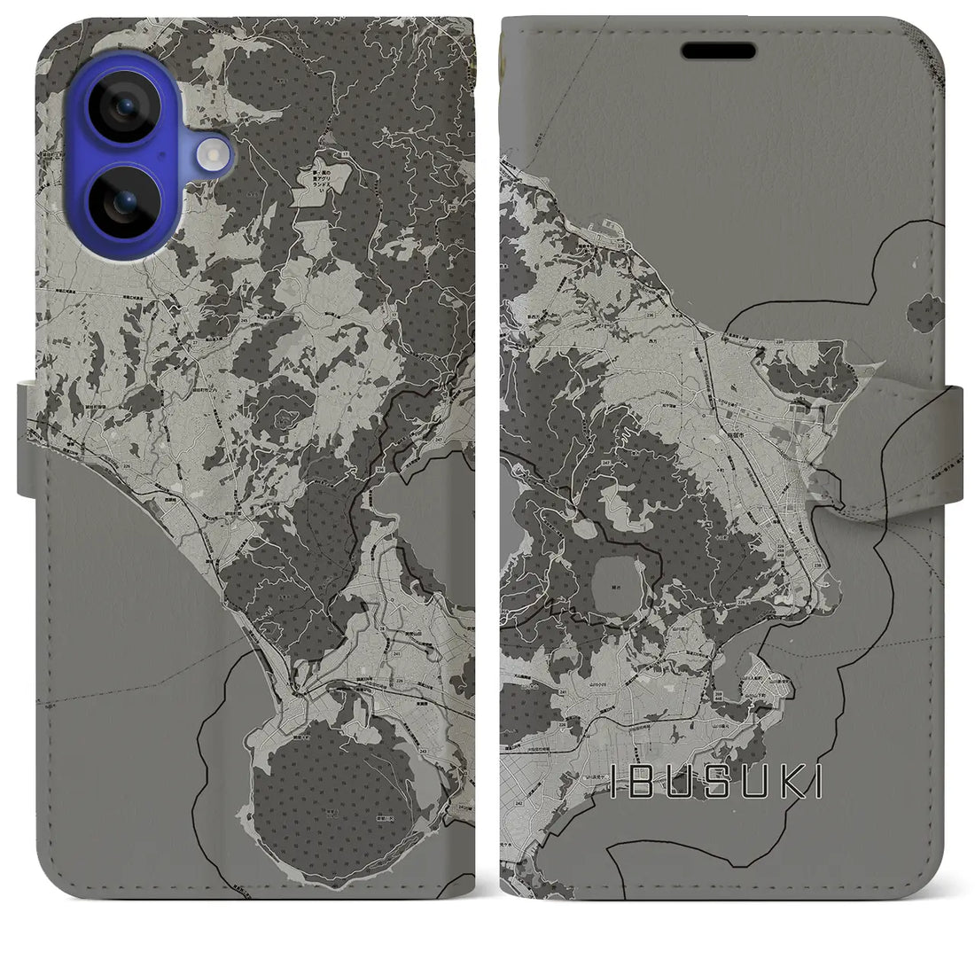 【指宿(鹿児島県)】地図柄iPhoneケース(手帳タイプ)モノトーン・iPhone 16 Pro Max 用