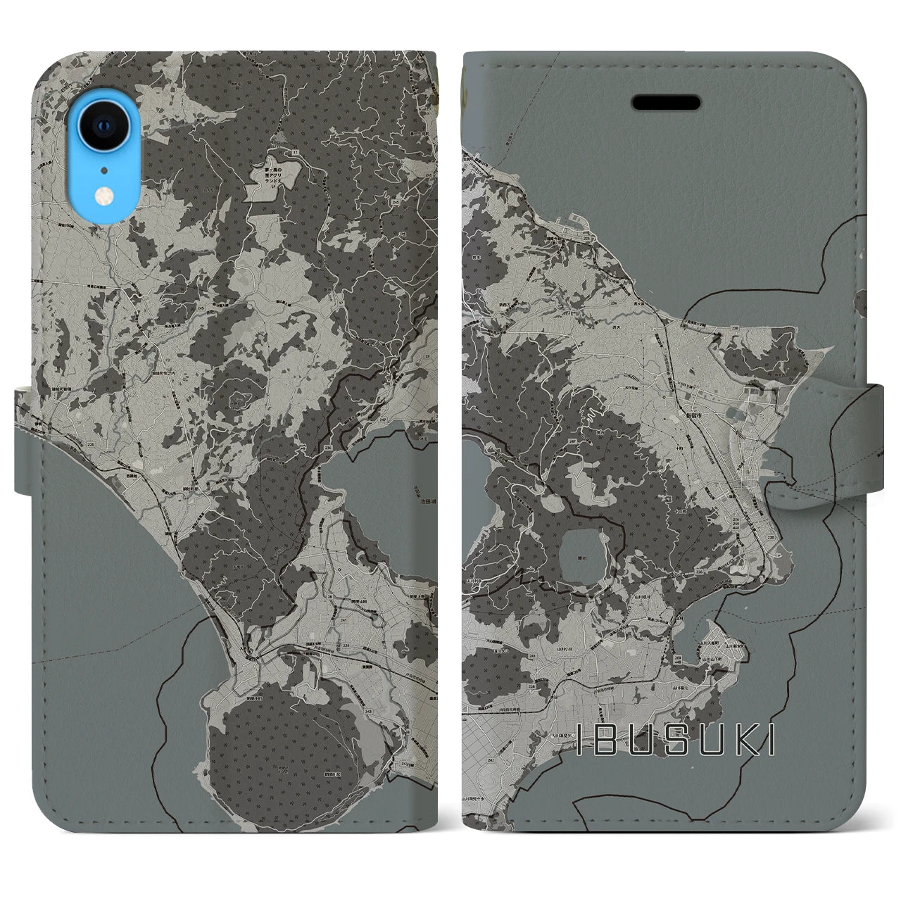 【指宿】地図柄iPhoneケース（手帳両面タイプ・モノトーン）iPhone XR 用