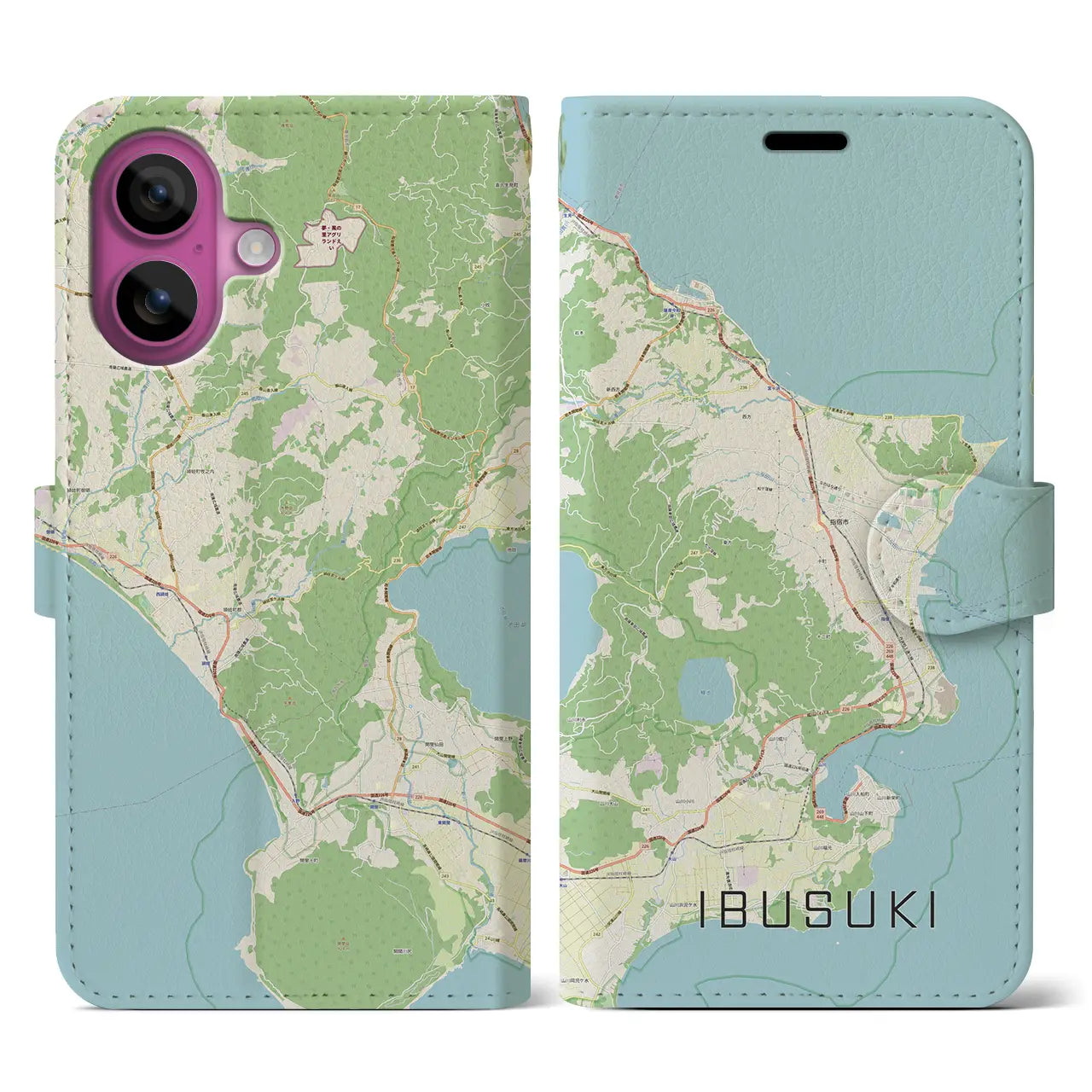 【指宿（鹿児島県）】地図柄iPhoneケース（手帳タイプ）ナチュラル・iPhone 16 Pro 用