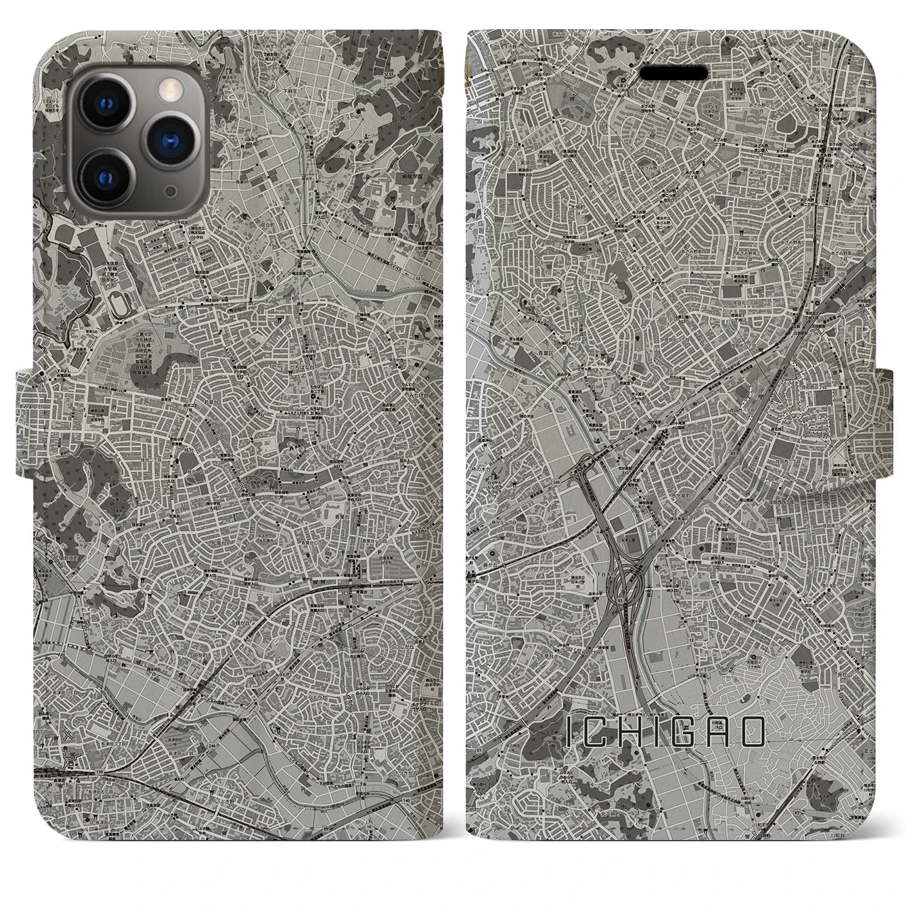 【市が尾】地図柄iPhoneケース（手帳両面タイプ・モノトーン）iPhone 11 Pro Max 用