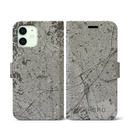 【市が尾（神奈川県）】地図柄iPhoneケース（手帳タイプ）モノトーン・iPhone 12 mini 用