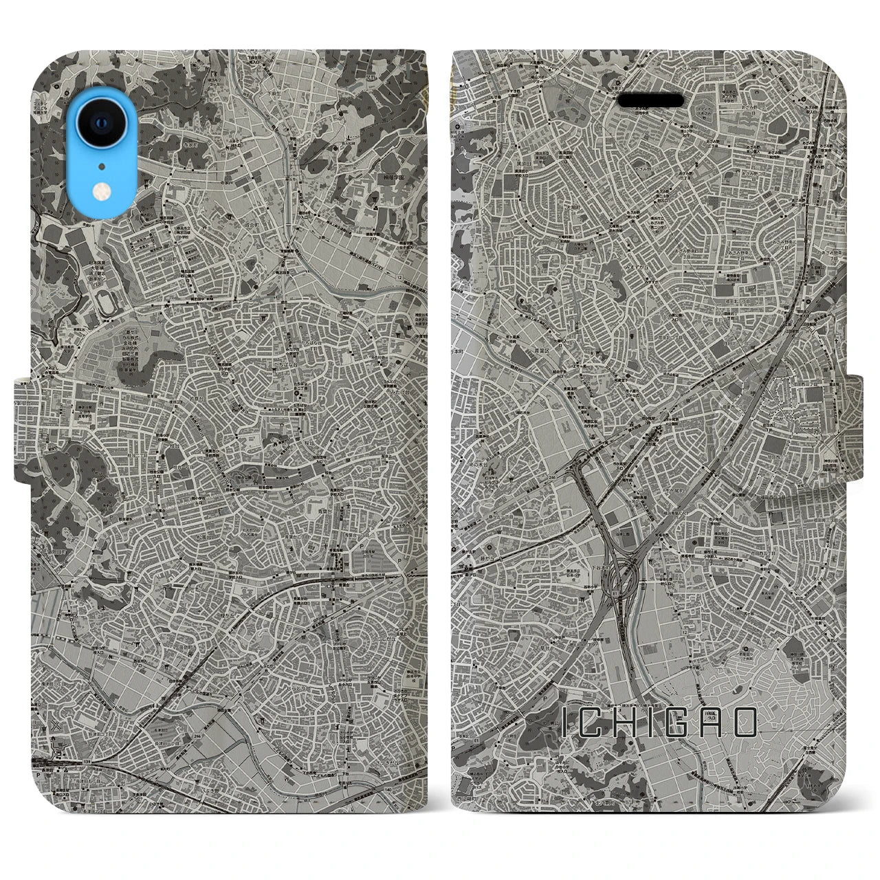 【市が尾】地図柄iPhoneケース（手帳両面タイプ・モノトーン）iPhone XR 用