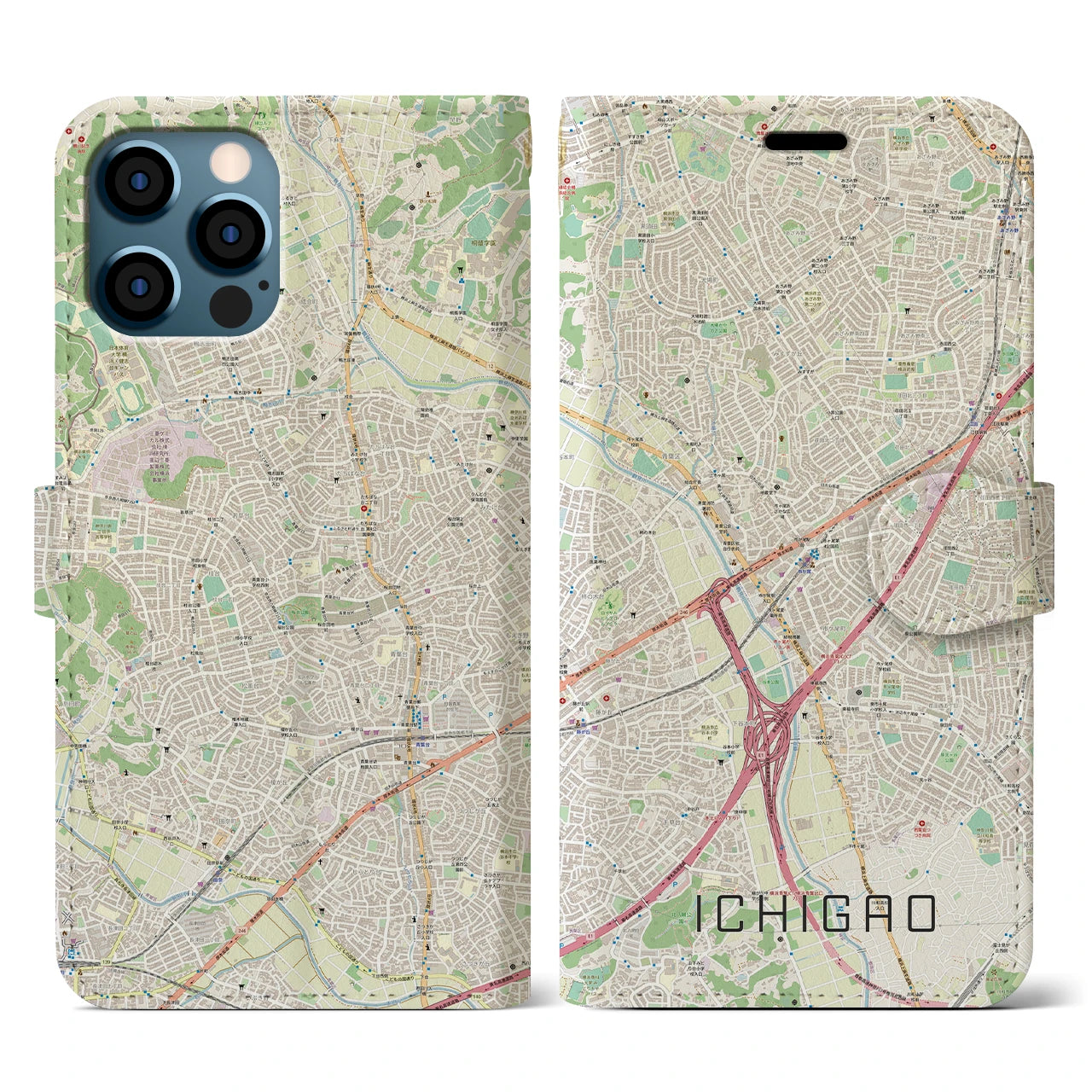 【市が尾（神奈川県）】地図柄iPhoneケース（手帳タイプ）ナチュラル・iPhone 12 / 12 Pro 用