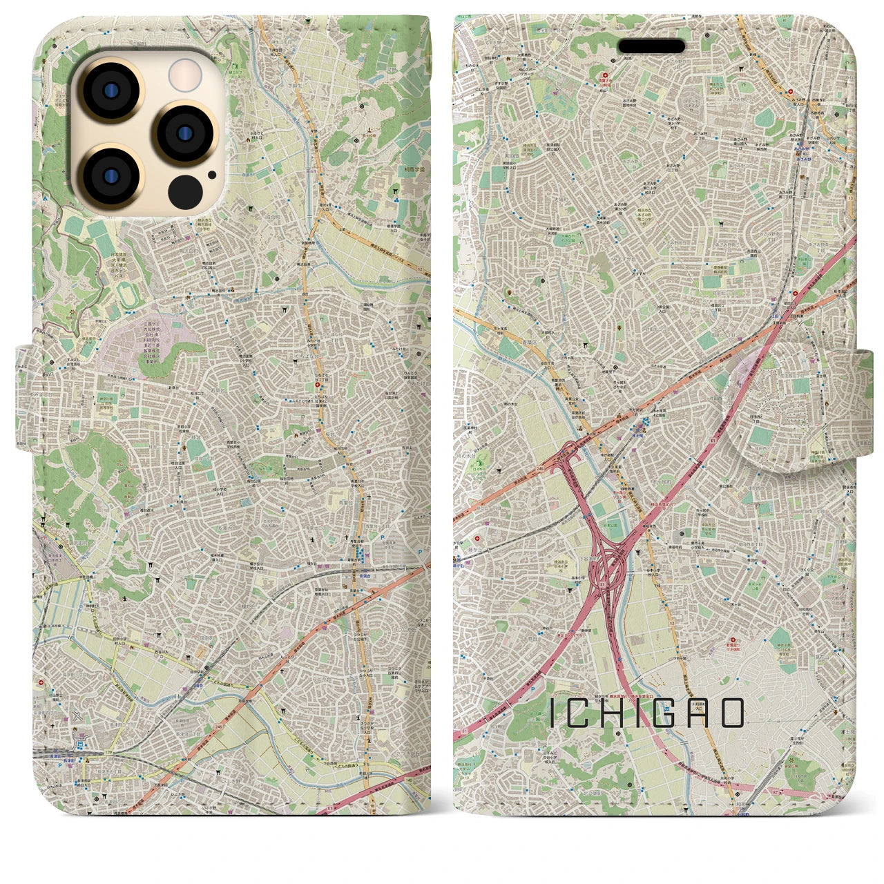 【市が尾（神奈川県）】地図柄iPhoneケース（手帳タイプ）ナチュラル・iPhone 12 Pro Max 用