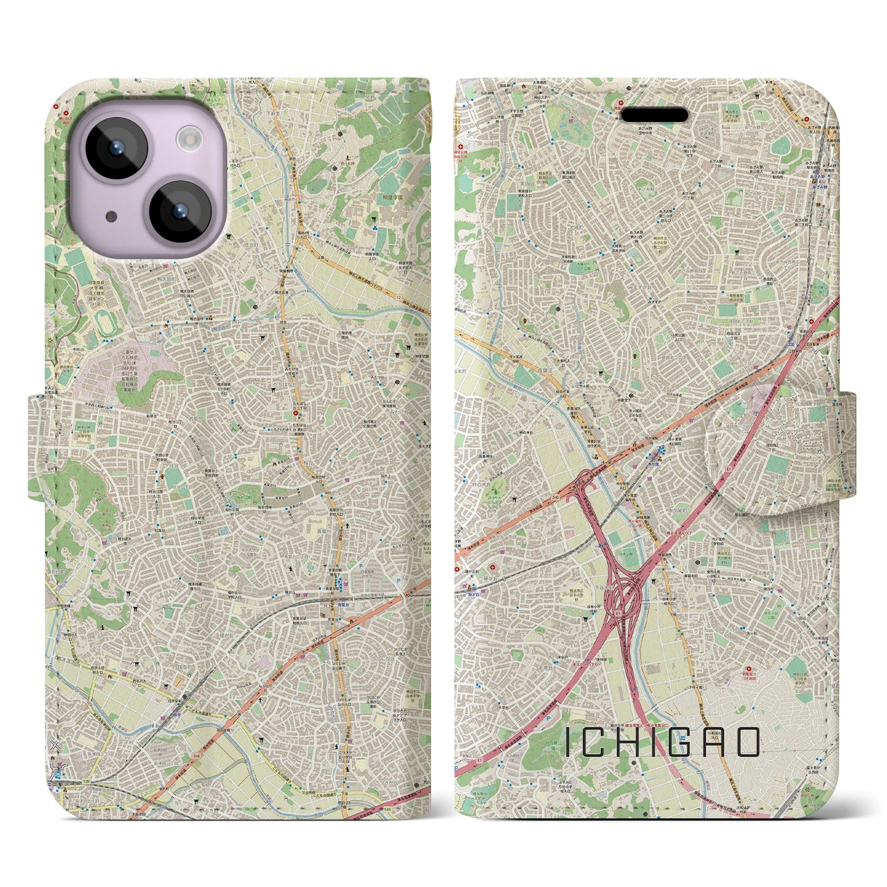 【市が尾（神奈川県）】地図柄iPhoneケース（手帳タイプ）ナチュラル・iPhone 14 用