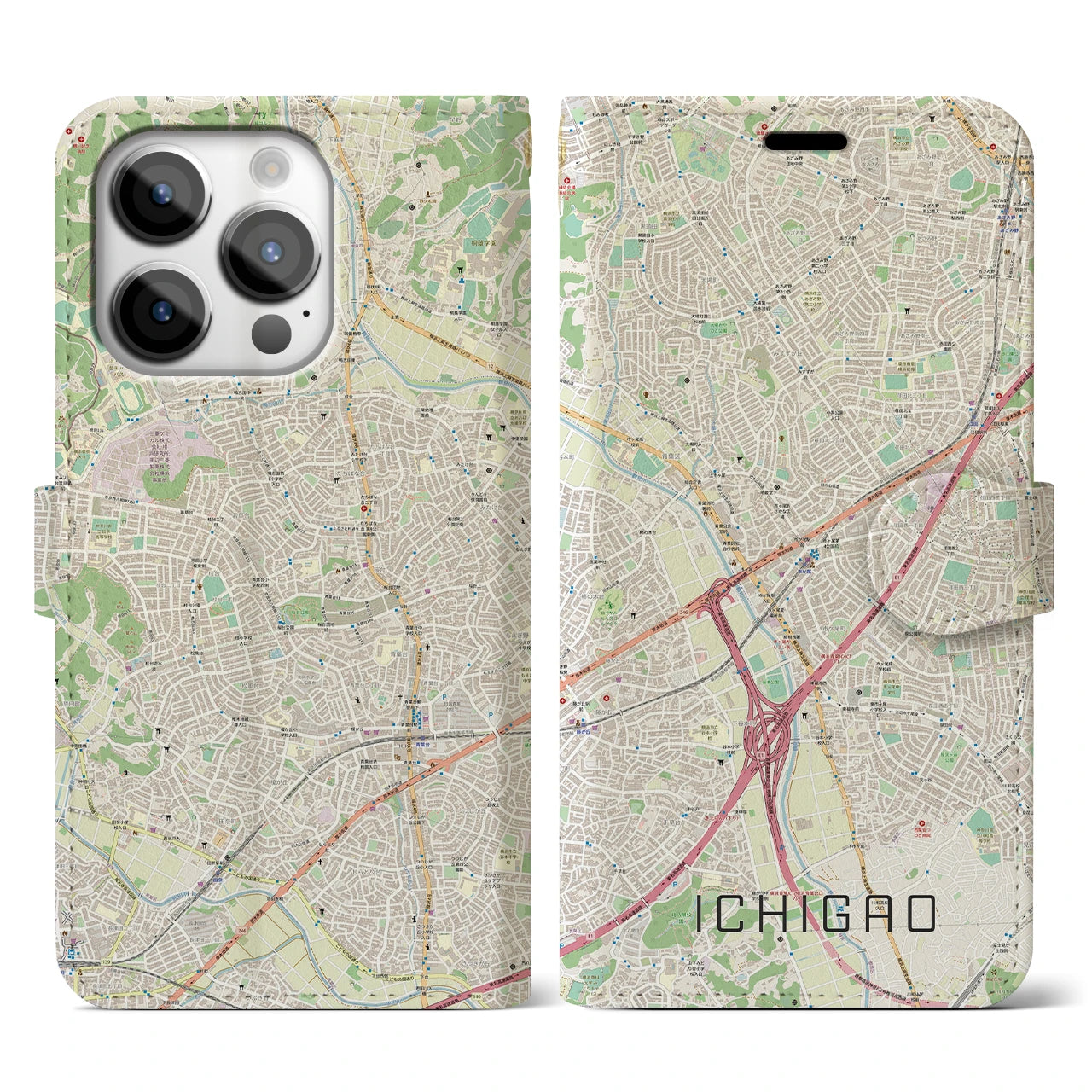 【市が尾（神奈川県）】地図柄iPhoneケース（手帳タイプ）ナチュラル・iPhone 14 Pro 用