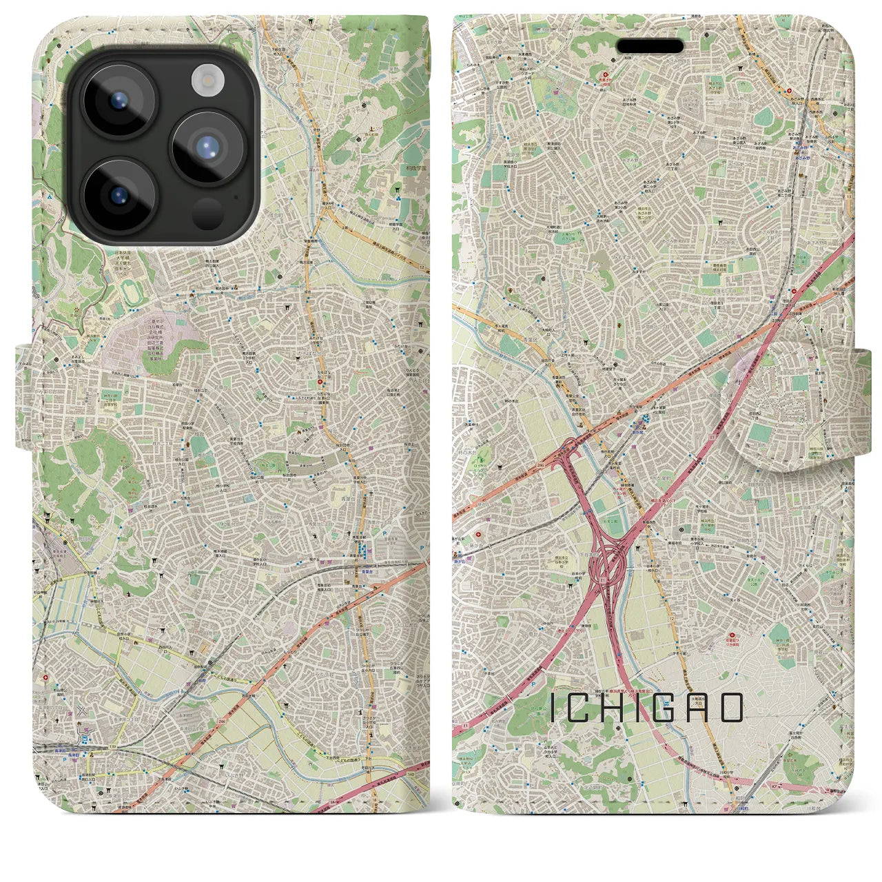 【市が尾（神奈川県）】地図柄iPhoneケース（手帳タイプ）ナチュラル・iPhone 15 Pro Max 用