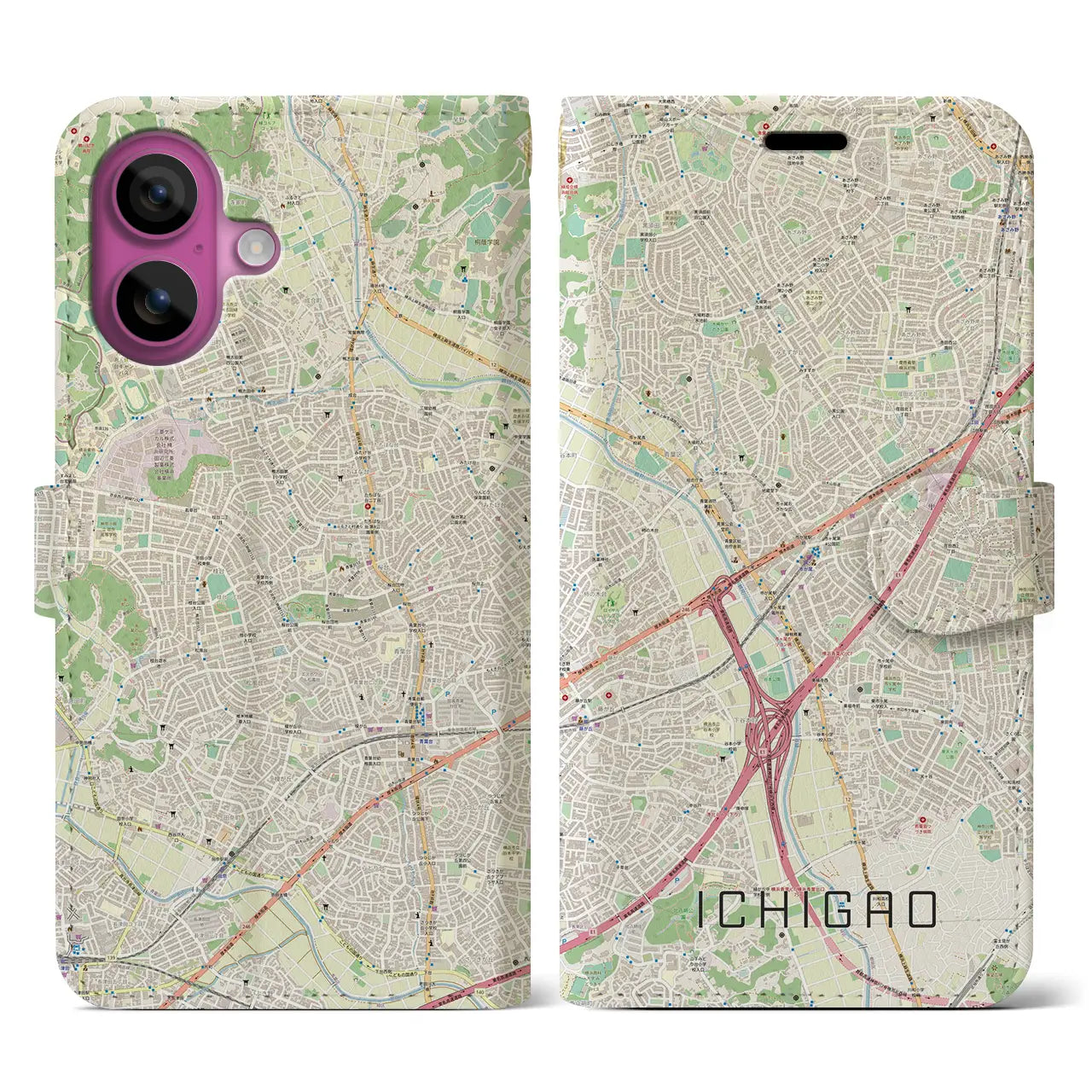 【市が尾（神奈川県）】地図柄iPhoneケース（手帳タイプ）ナチュラル・iPhone 16 Pro 用